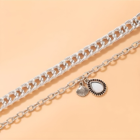 2 piece Silver Chunky Chain Sea Shell Charm Bracelet - Picture 3 of 4